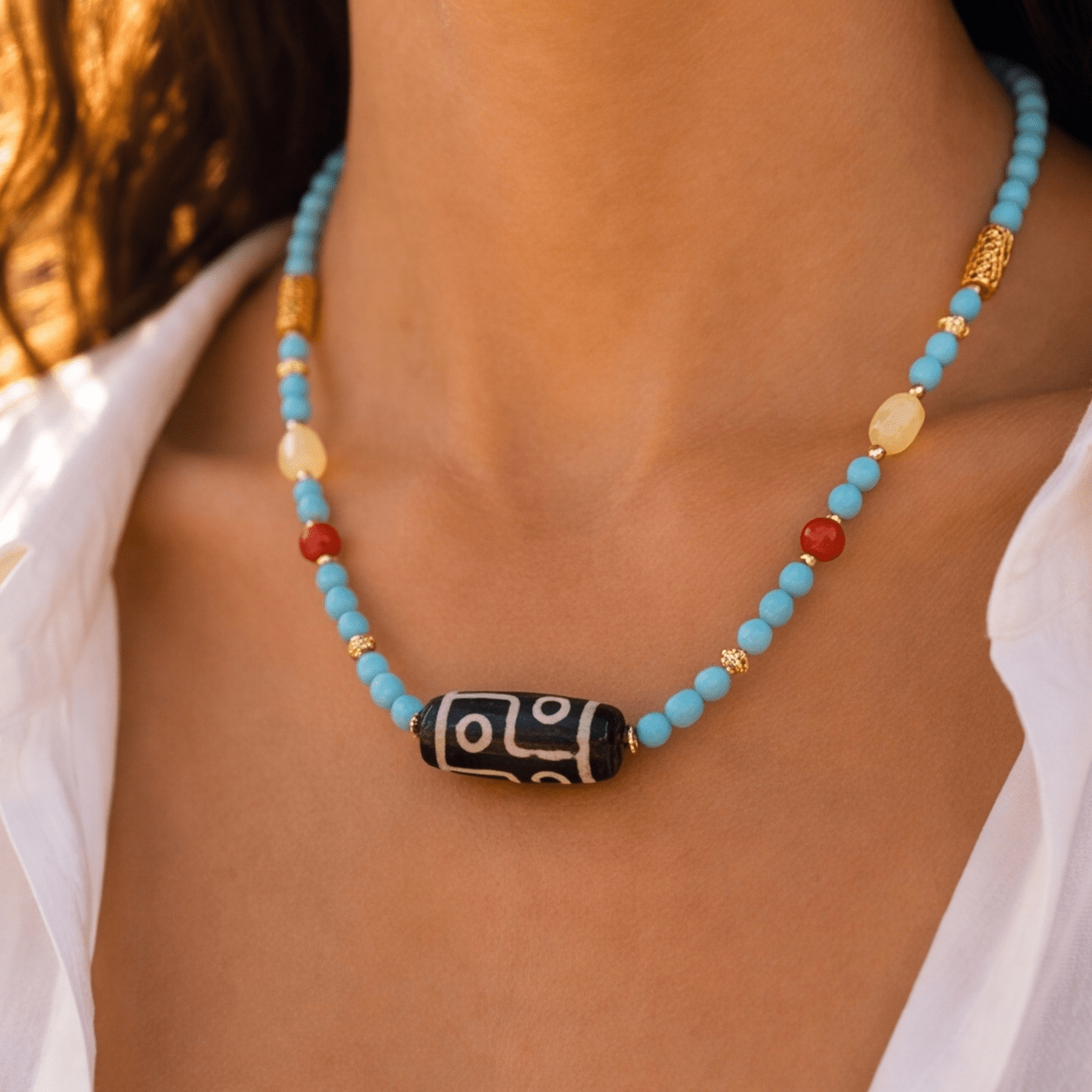 Dolma Turquoise & Dzi Bead Necklace - ORMIRO