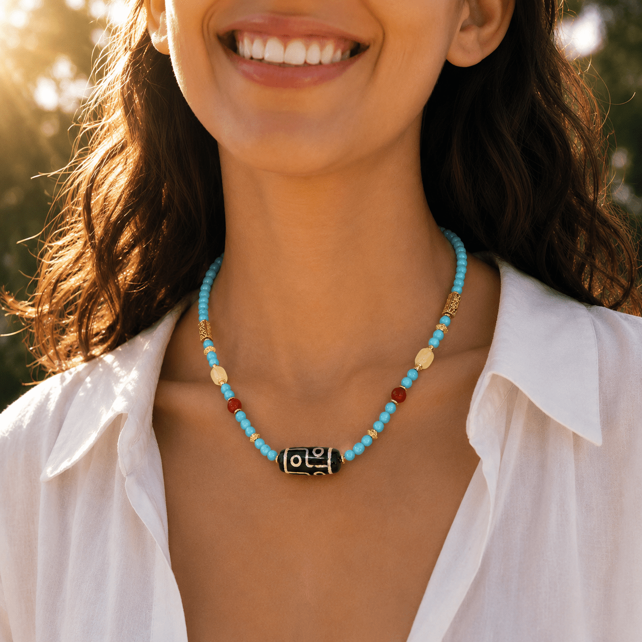 Dolma Turquoise & Dzi Bead Necklace - ORMIRO