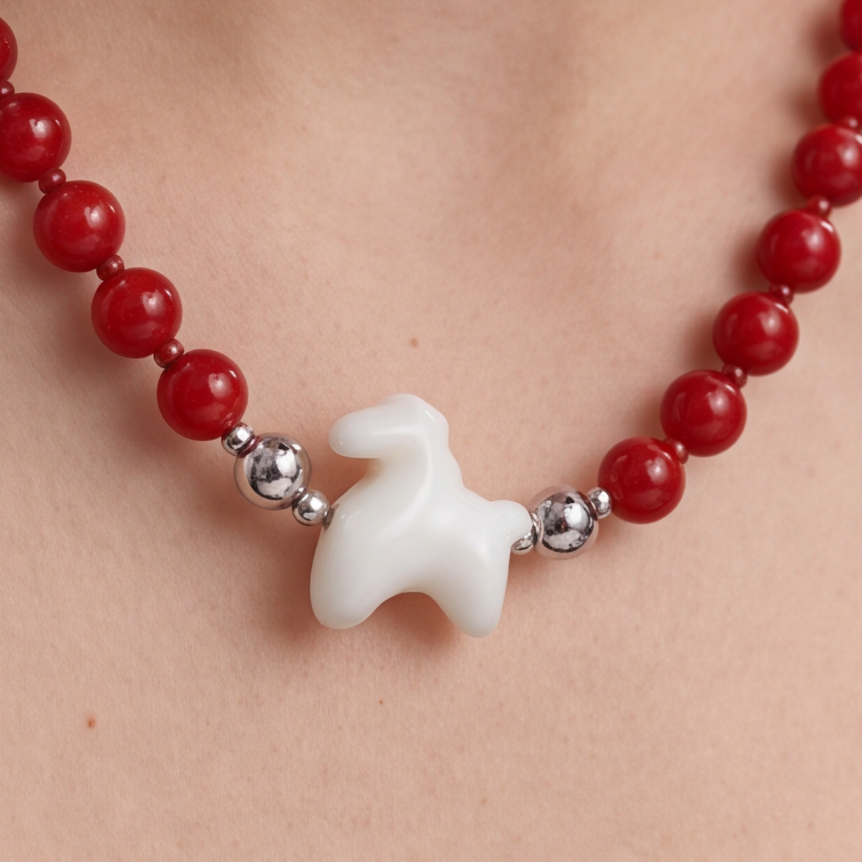 Lucky Horse Carnelian & White Jade Beaded Necklace
