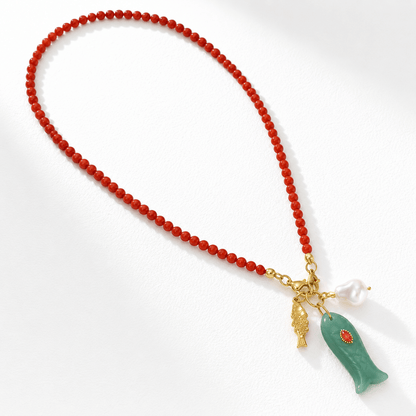 Happy Fish Carnelian & Aventurine Beaded Necklace - ORMIRO