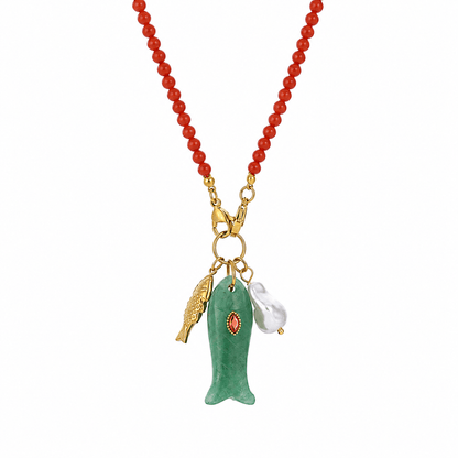 Happy Fish Carnelian & Aventurine Beaded Necklace - ORMIRO