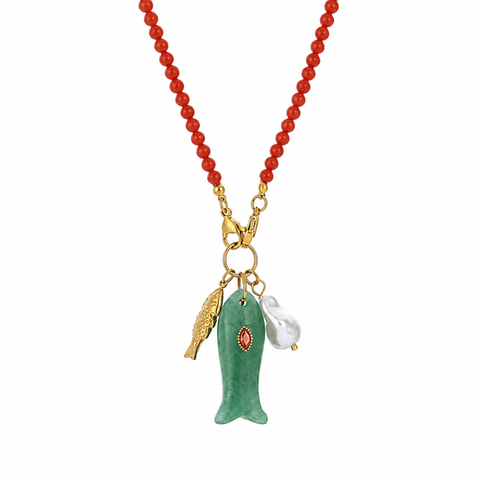 Happy Fish Carnelian & Aventurine Beaded Necklace - ORMIRO