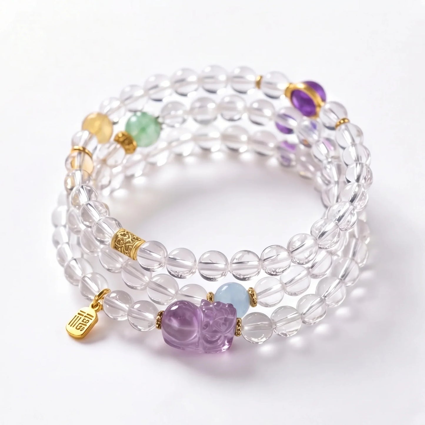 Pixiu Clear Quartz, Amethyst & Aquamarine Wrap Bracelet