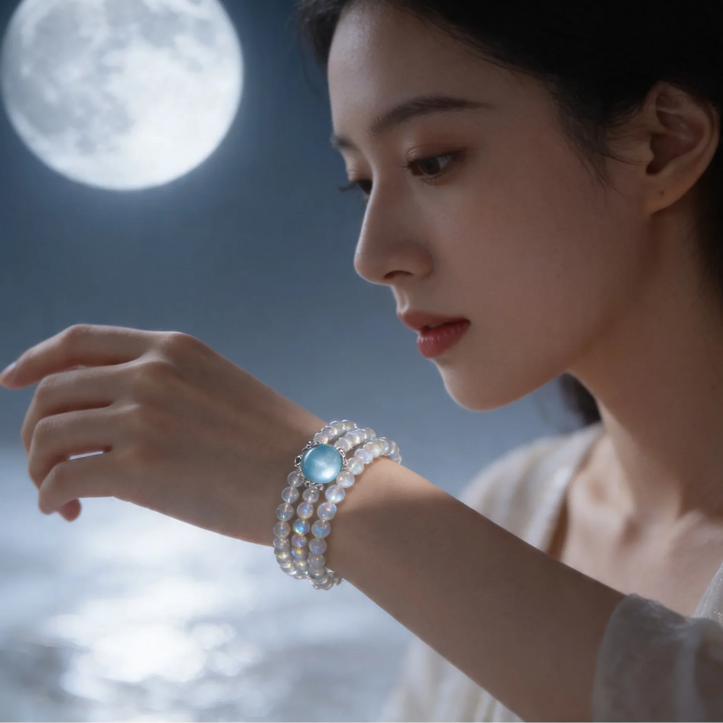 Woman wearing a bracelet with a blue gemstone against a moonlit sky
