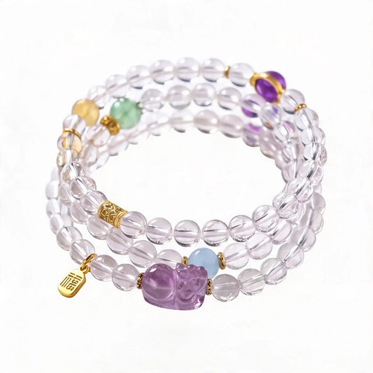 Pixiu Clear Quartz, Amethyst & Aquamarine Wrap Bracelet
