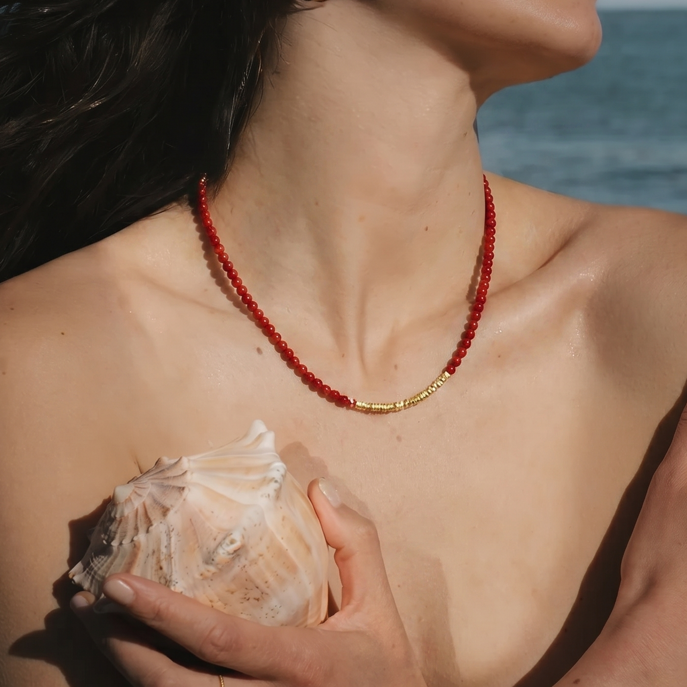 Navajo Red Agate and Golden Nugget Beaded Necklace