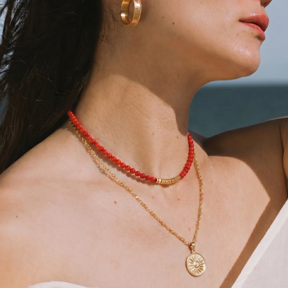 Navajo Red Agate and Golden Nugget Beaded Necklace