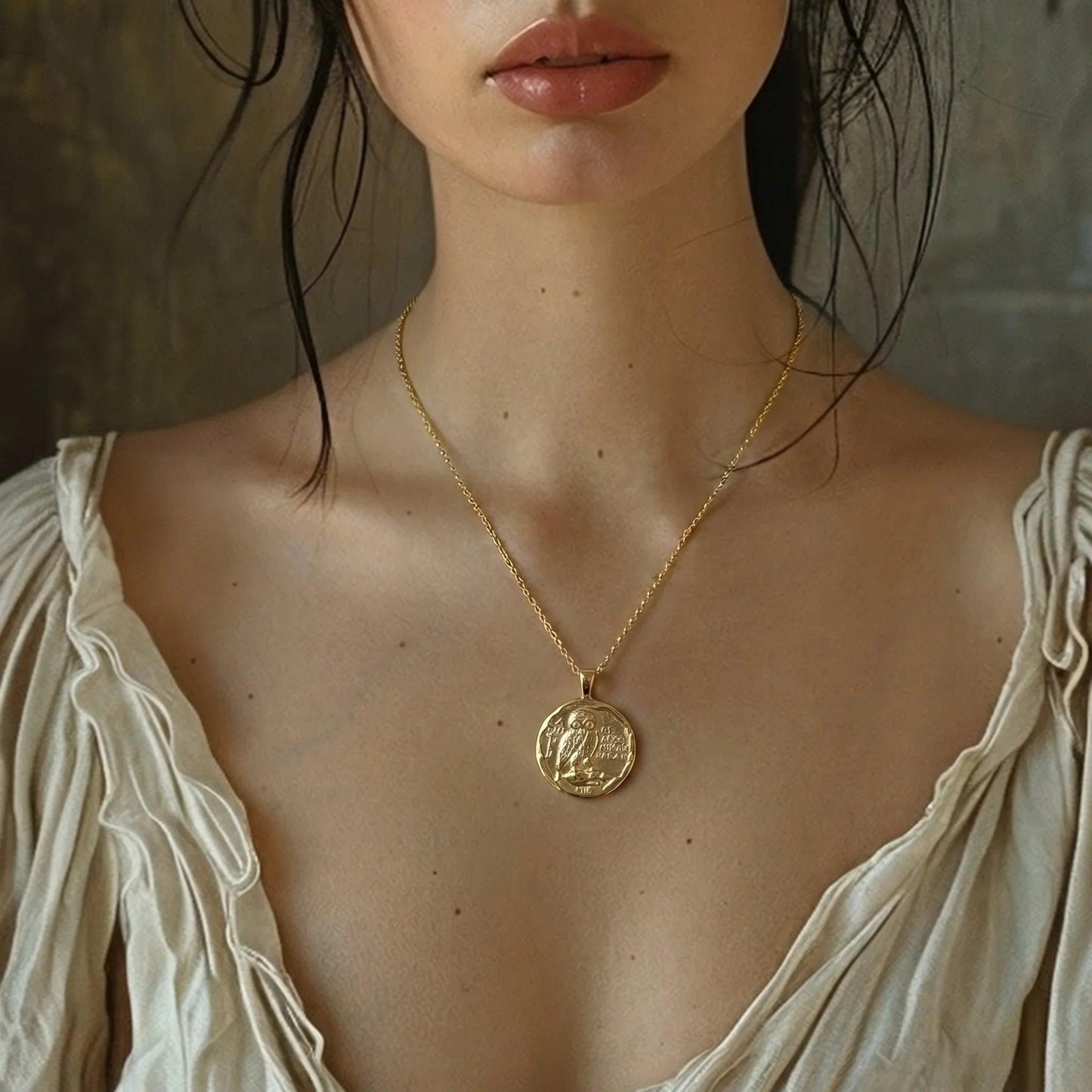 Athena's Owl Coin Necklace in 14K Gold
