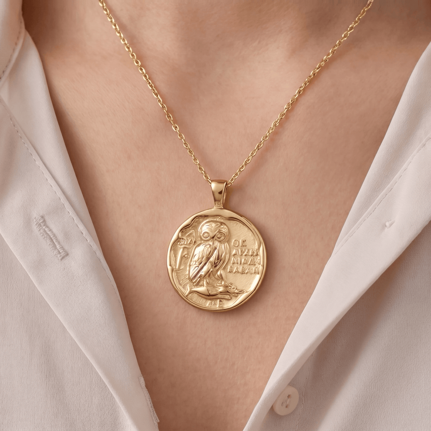 Athena's Owl Coin Necklace in 14K Gold