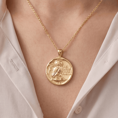 Athena's Owl Coin Necklace in 14K Gold