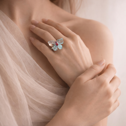 Butterfly Aquamarine & Garnet Ring