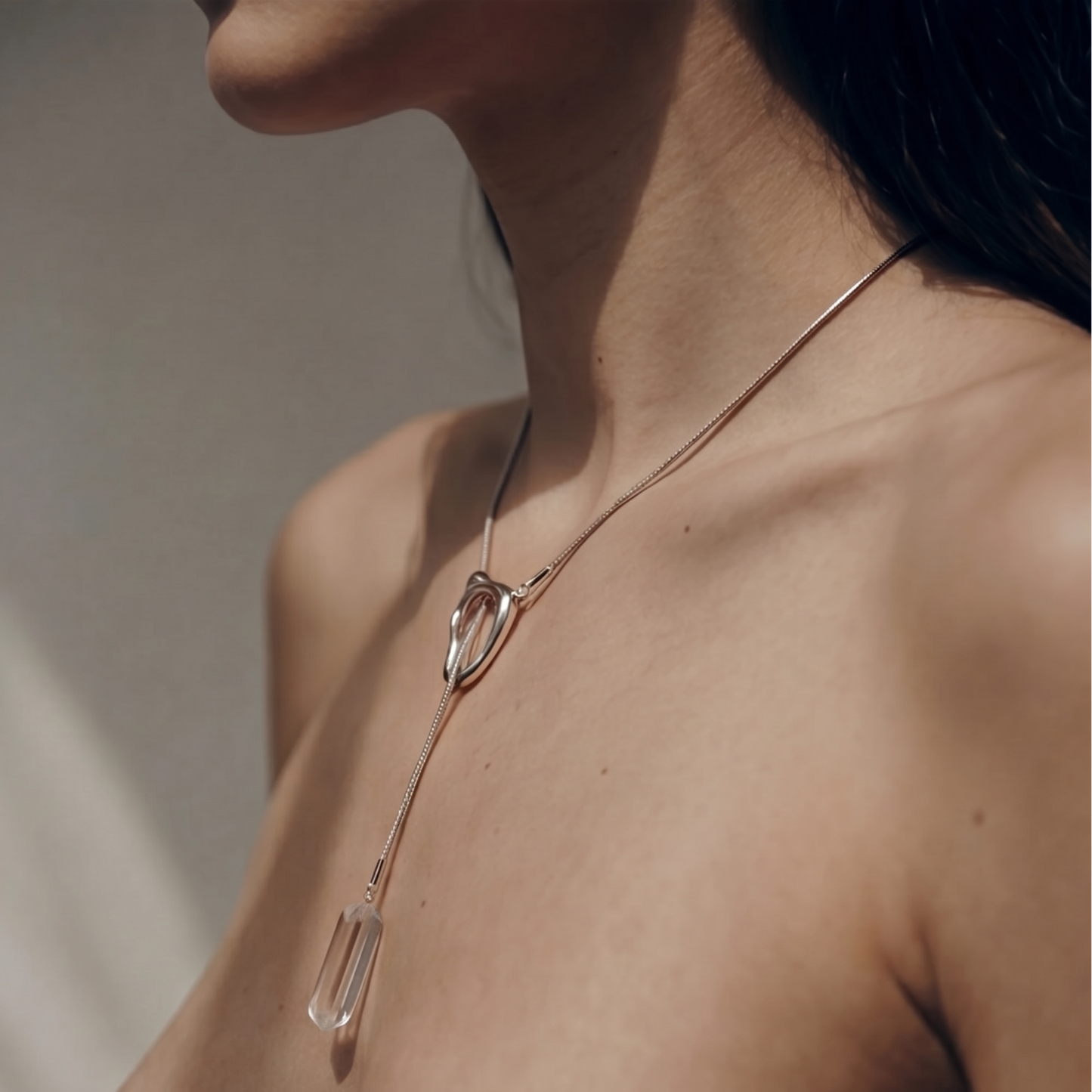 Aether Clear Quartz Crystal & Titanium Steel Lariat Necklace