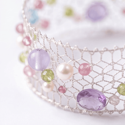 Celestia Multi-Gemstone & Pearl Silver Mesh Bracelet