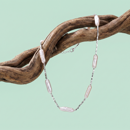 Moonlit Baroque Stick Pearls & Beaded Silver Necklace