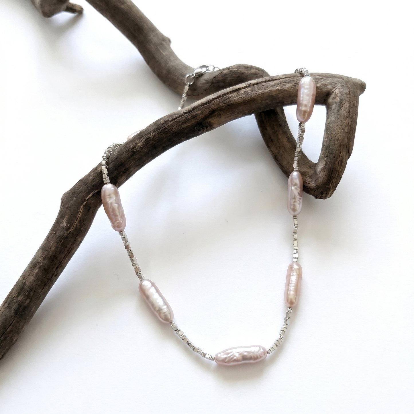 Moonlit Baroque Stick Pearls & Beaded Silver Necklace