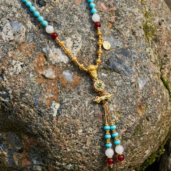 Dakini Blue Turquoise & Red Agate Beaded Tassel Necklace