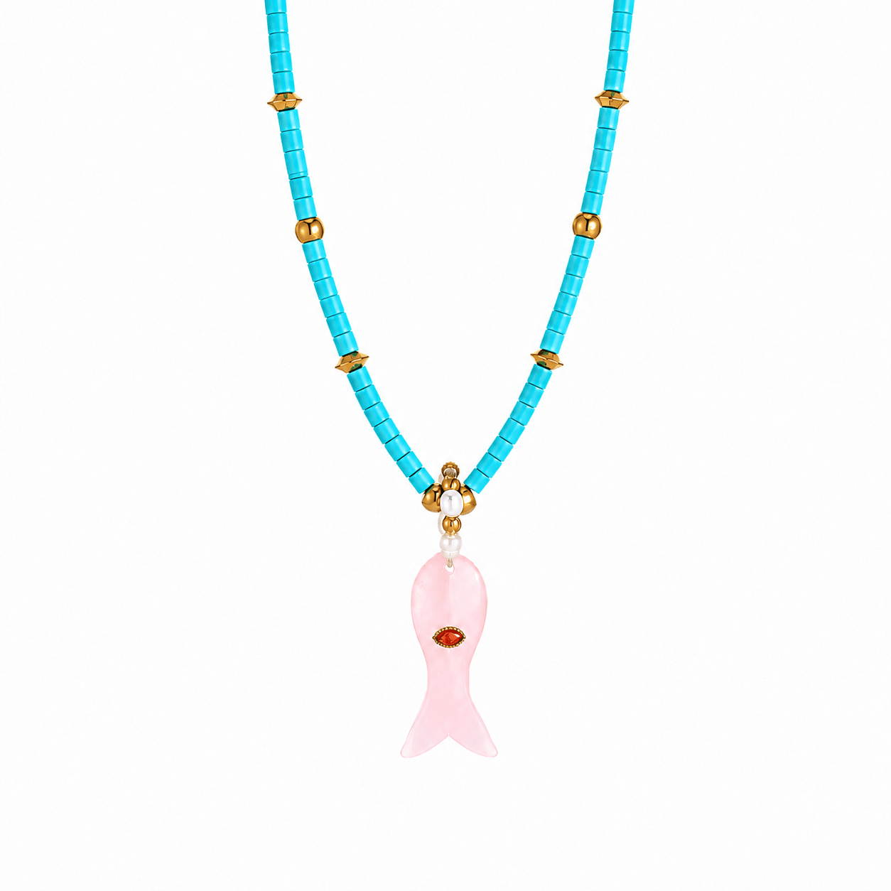Love Fish Turquoise & Rose Quartz Beaded Necklace - ORMIRO