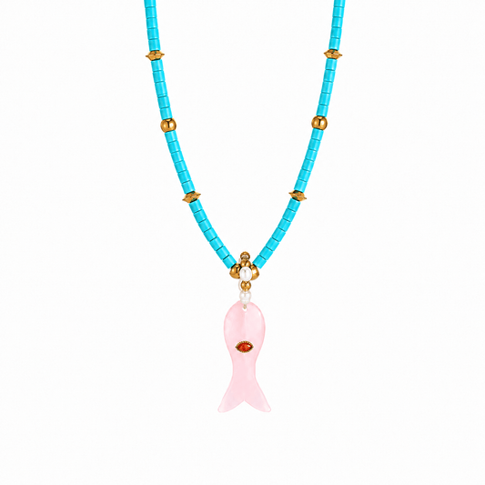 Love Fish Turquoise & Rose Quartz Beaded Necklace - ORMIRO