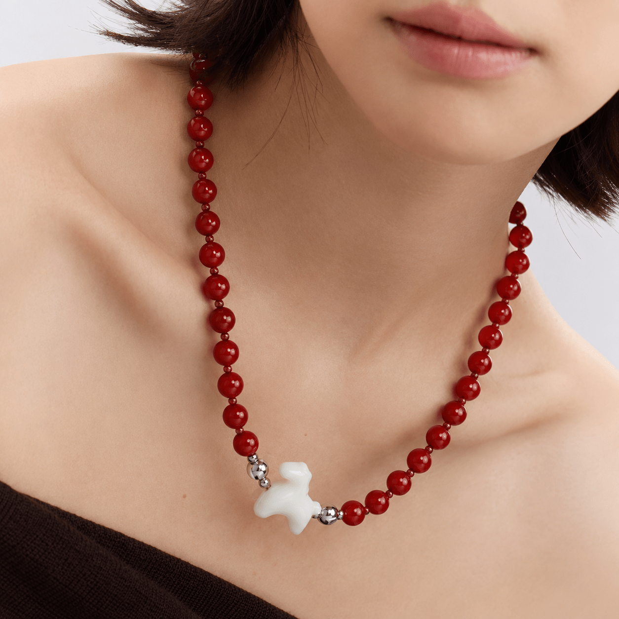 Lucky Horse Carnelian & White Jade Beaded Necklace - ORMIRO