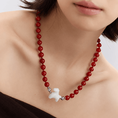 Lucky Horse Carnelian & White Jade Beaded Necklace - ORMIRO