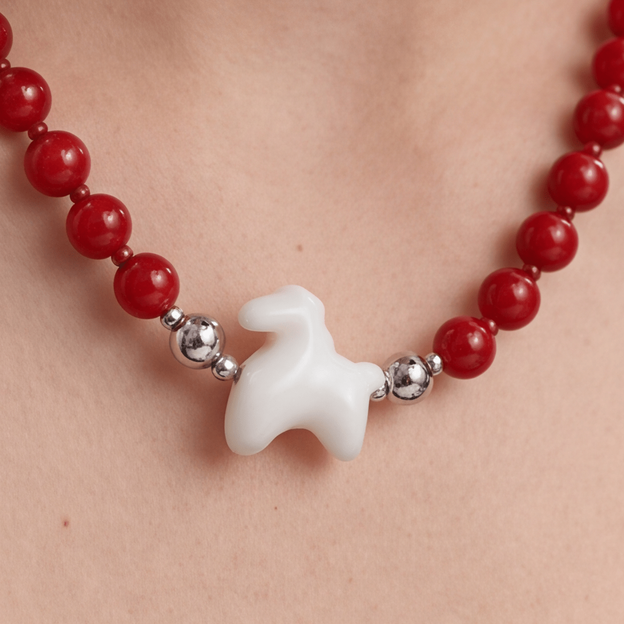 Lucky Horse Carnelian & White Jade Beaded Necklace - ORMIRO