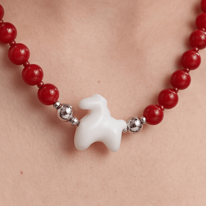 Lucky Horse Carnelian & White Jade Beaded Necklace - ORMIRO