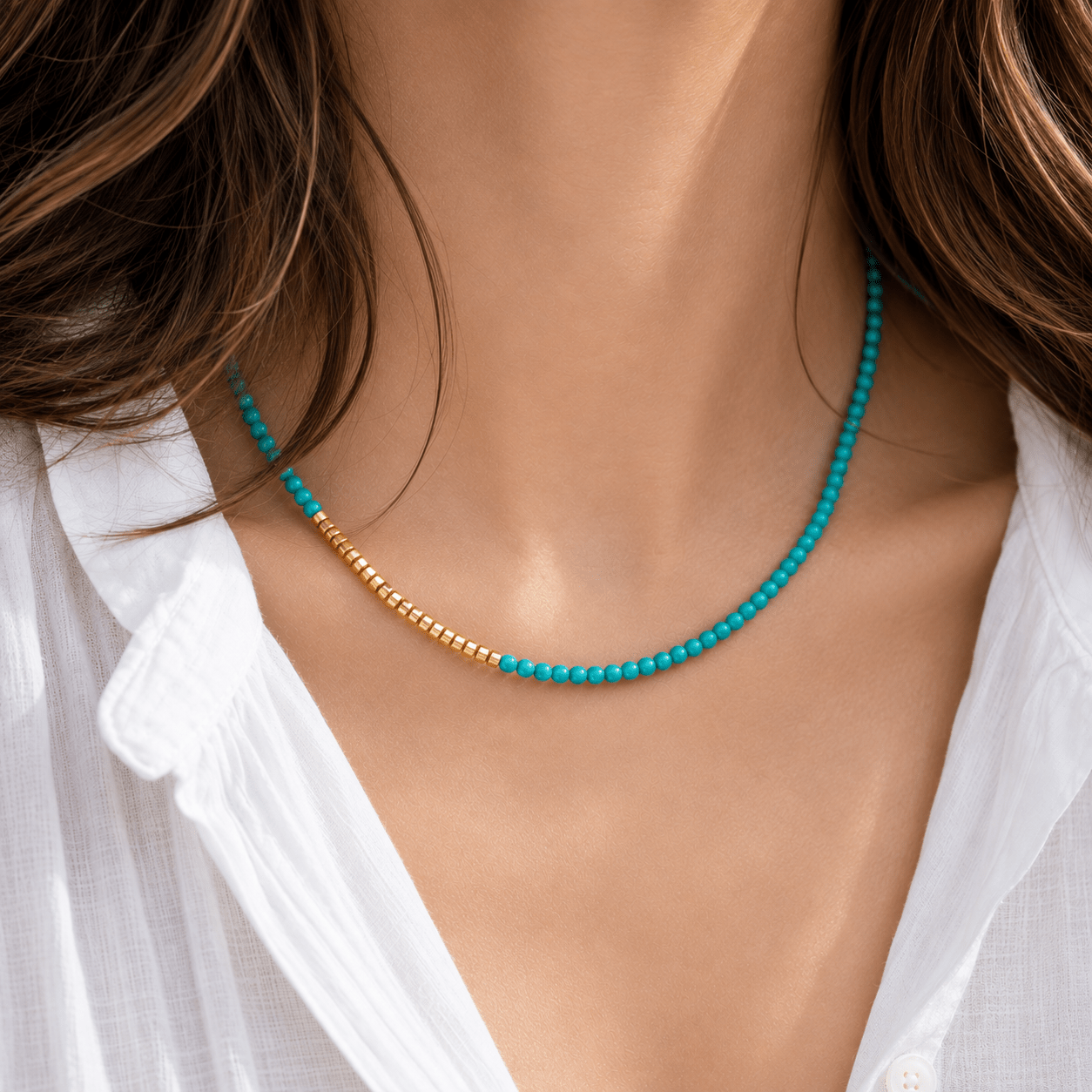 Mayan Turqouise & Golden Nugget Beaded Necklace - ORMIRO