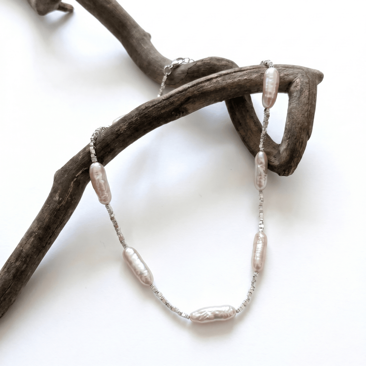 Moonlit Baroque Stick Pearls & Beaded Silver Necklace - ORMIRO