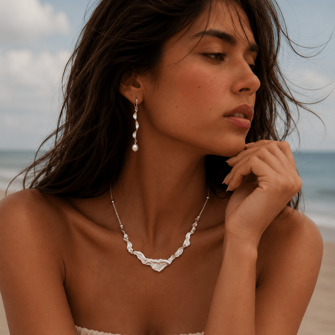 Moontide Sterling Silver Necklace & Earrings Jewelry Set - ORMIRO