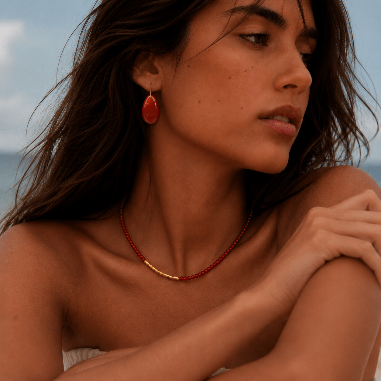 Navajo Red Agate Gold Vermeil Earrings & Necklace Jewelry Set - ORMIRO