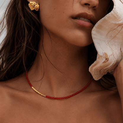 Navajo Red Agate & Golden Nugget Beaded Necklace - ORMIRO