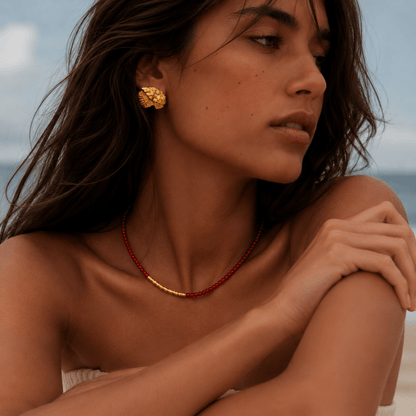 Navajo Red Agate & Golden Nugget Beaded Necklace - ORMIRO