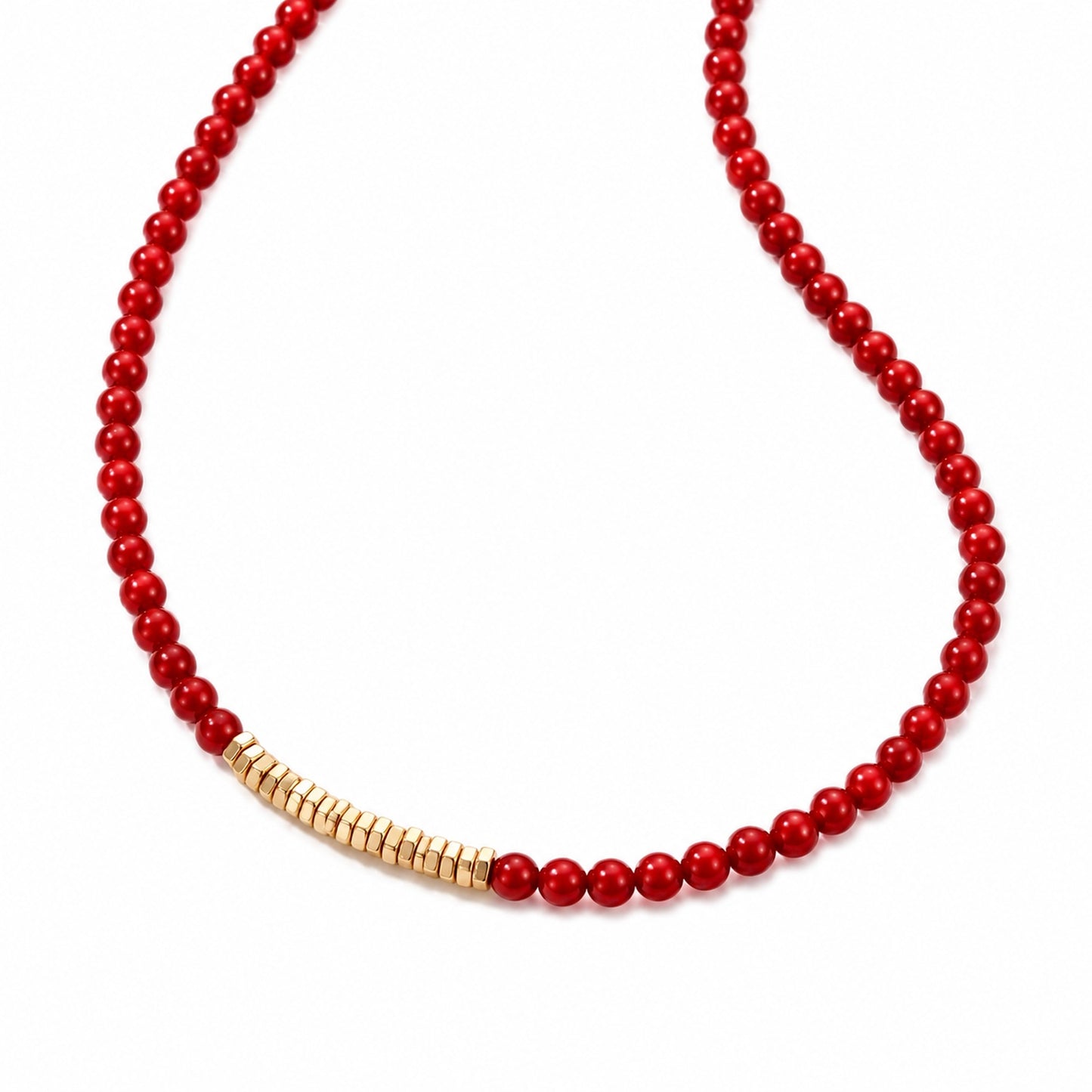 Red beaded necklace with a gold accent on a white background