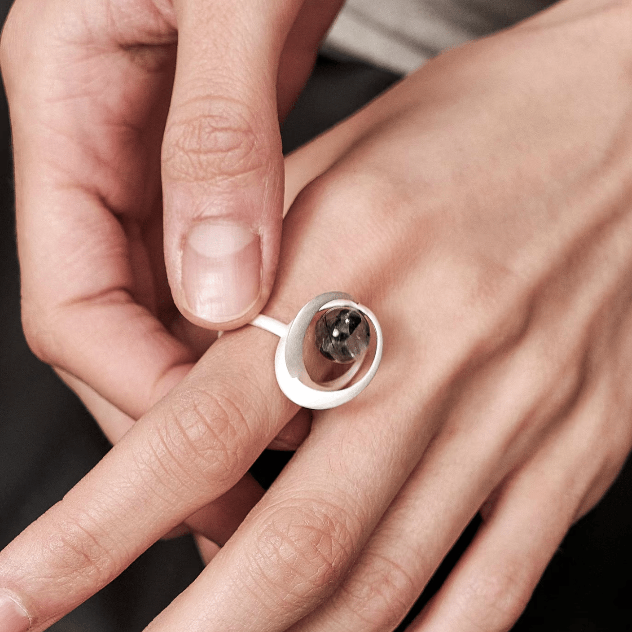 Orbit Black Rutilated Quartz & Sterling Silver Ring - ORMIRO