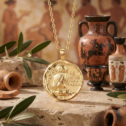 Athena's Owl Coin Necklace in 14K Gold