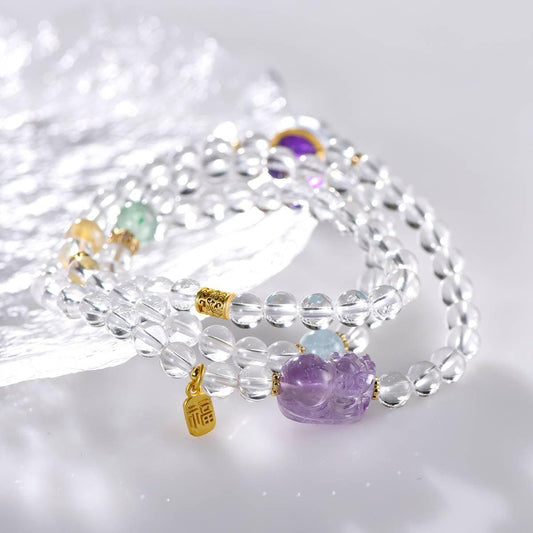 Pixiu Clear Quartz, Amethyst & Aquamarine Wrap Bracelet - ORMIRO