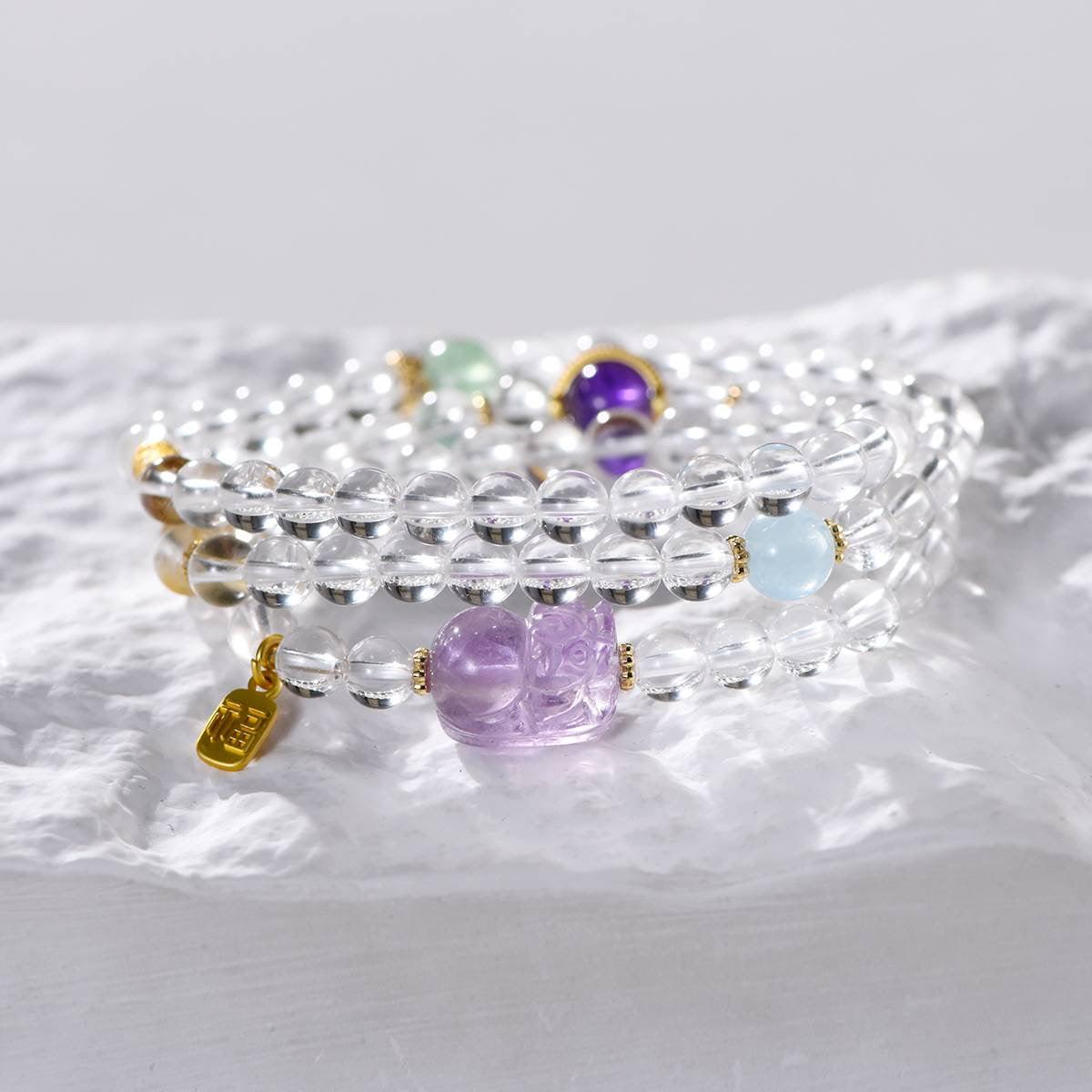 Pixiu Clear Quartz, Amethyst & Aquamarine Wrap Bracelet - ORMIRO