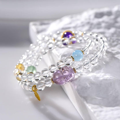 Pixiu Clear Quartz, Amethyst & Aquamarine Wrap Bracelet - ORMIRO