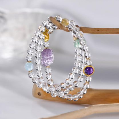 Pixiu Clear Quartz, Amethyst & Aquamarine Wrap Bracelet - ORMIRO