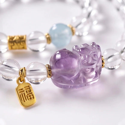 Pixiu Clear Quartz, Amethyst & Aquamarine Wrap Bracelet - ORMIRO