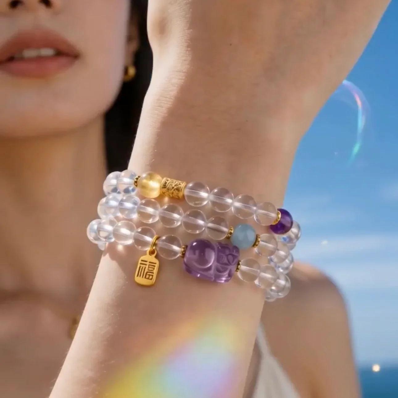 Pixiu Clear Quartz, Amethyst & Aquamarine Wrap Bracelet - ORMIRO