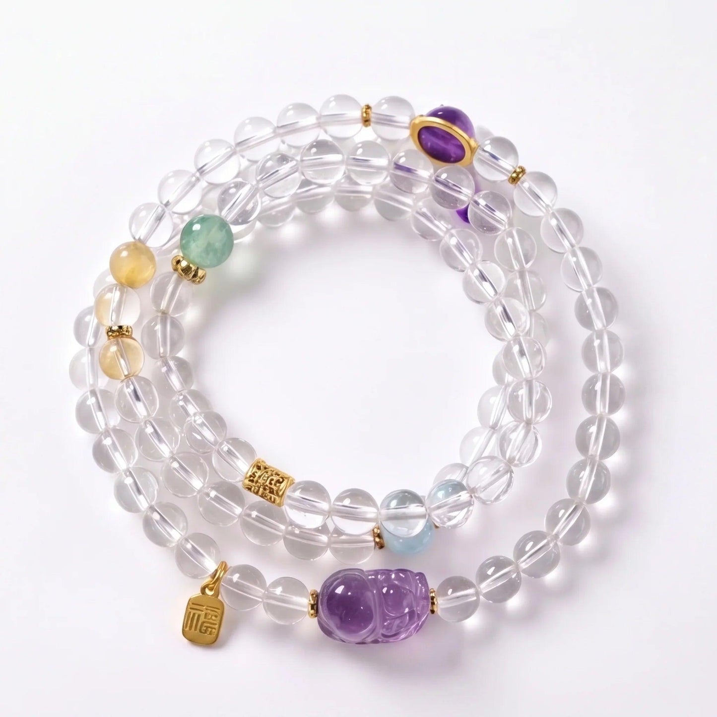 Pixiu Clear Quartz, Amethyst & Aquamarine Wrap Bracelet - ORMIRO