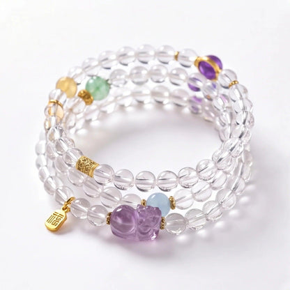Pixiu Clear Quartz, Amethyst & Aquamarine Wrap Bracelet - ORMIRO