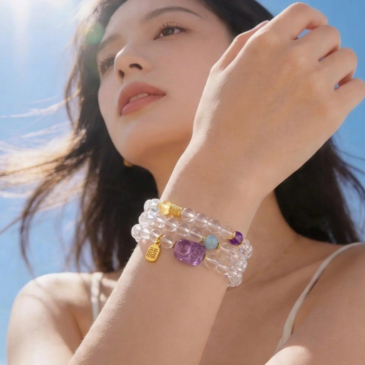 Pixiu Clear Quartz, Amethyst & Aquamarine Wrap Bracelet - ORMIRO