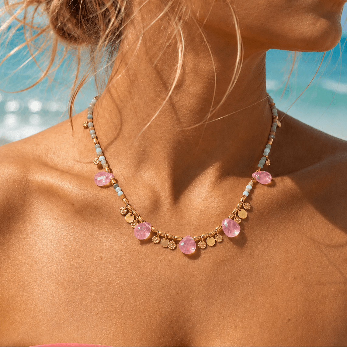 Salt & Petals Australian Jade & Watermelon Quartz Beaded Gemstone Necklace - ORMIRO