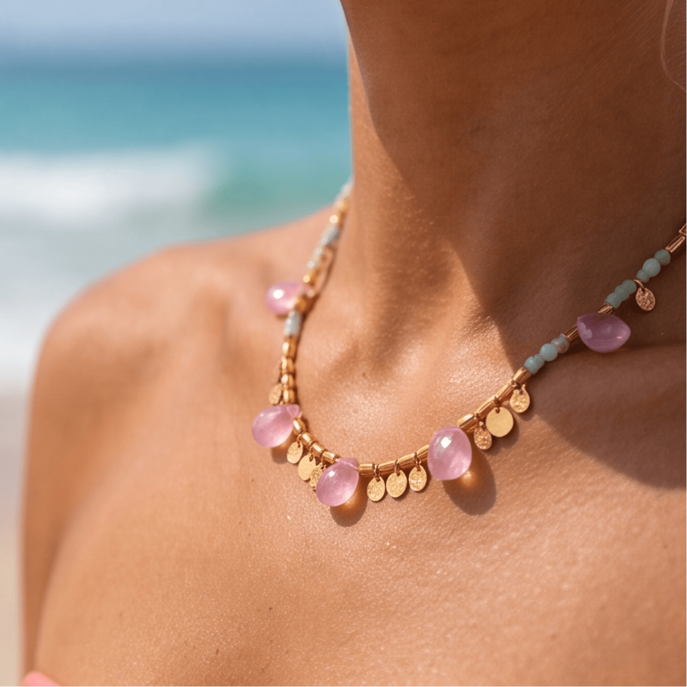 Salt & Petals Australian Jade & Watermelon Quartz Beaded Gemstone Necklace - ORMIRO