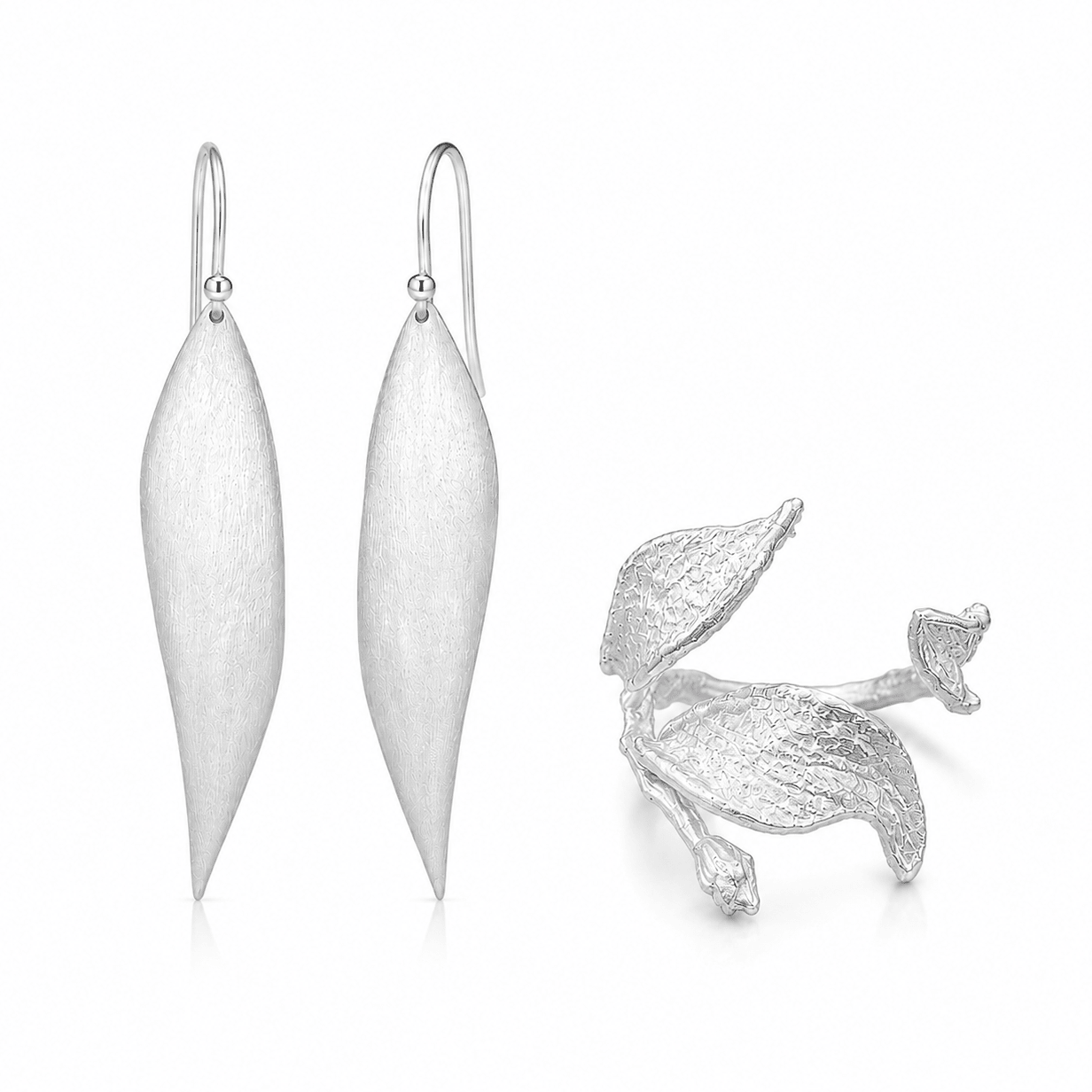Silver Wind Leaf Sterling Silver Ring & Earrings Jewelry Set - ORMIRO