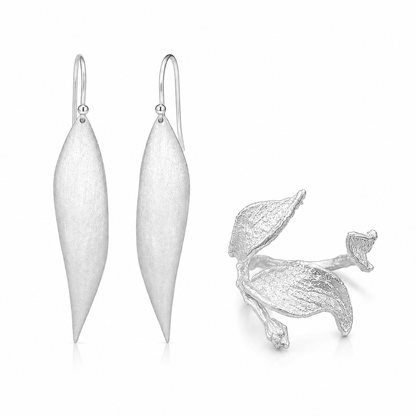 Silver Wind Leaf Sterling Silver Ring & Earrings Jewelry Set - ORMIRO