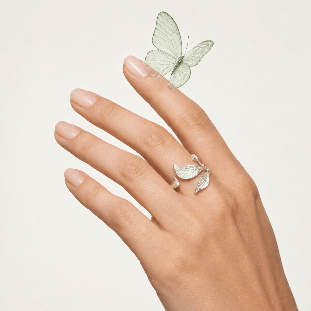 Silver Wind Leaf Sterling Silver Ring & Earrings Jewelry Set - ORMIRO