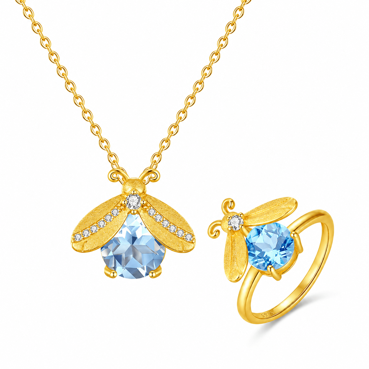Summer Firefly Blue Topaz Gold Vermeil Necklace & Ring Jewelry Set - ORMIRO